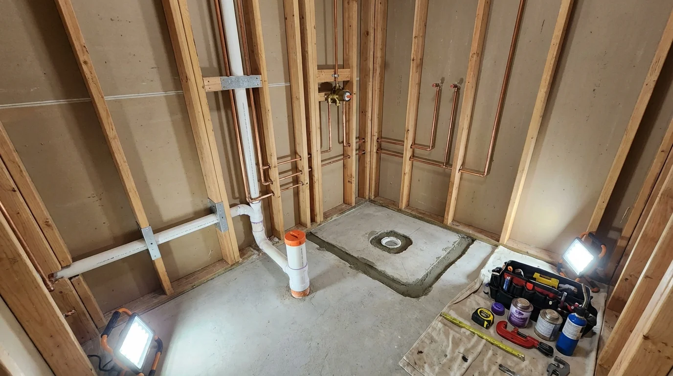 Bathroom rough-in plumbing during remodel by Johns Plumbing LLC in Holyoke