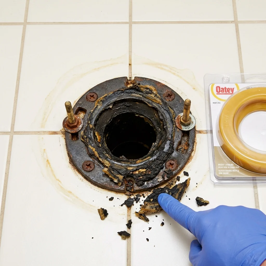 Failed wax ring showing water seepage at the base of a toilet in a Holyoke, CO home