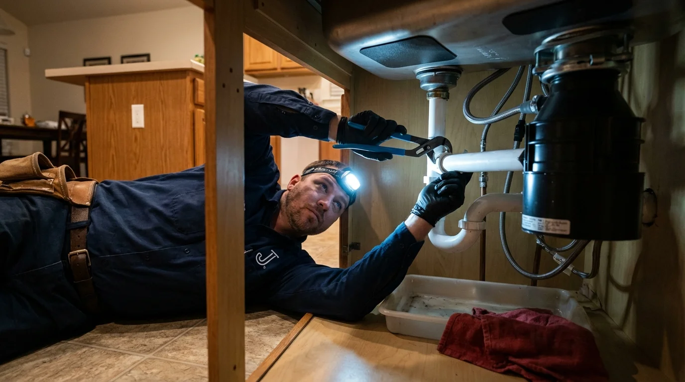 P-trap and supply line connections under a kitchen sink showing a common leak point in Holyoke, CO